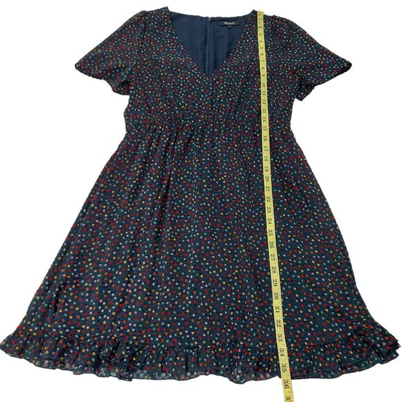 Madewell Dress Womens 6 Blue Flutter-Sleeve Ruffle-Hem V-Neck Lined Dots Print - Picture 9 of 13